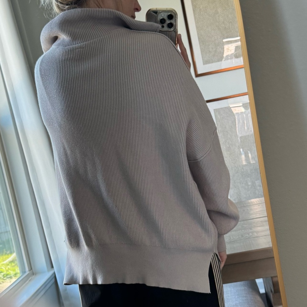 Oversize Thick Comfy Cozy Light Grey Ribbed Zip-Up Pullover Sweater - Picture 6 of 11